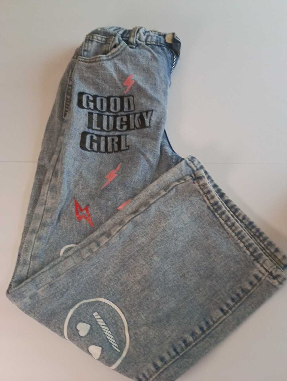 SHEIN Tween Girls Size 11Y Graffiti Printed Wide Leg Jeans Bear Smiley Streetwea